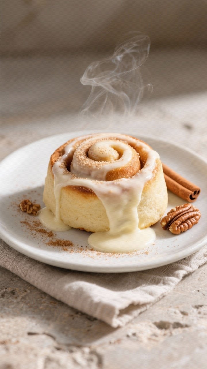 Final dish presentation: Beautifully plated keto cinnamon rolls draped with a silky vanilla cream-ch