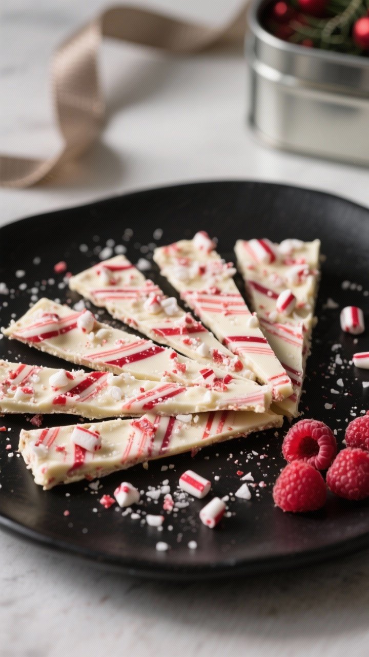 Final dish presentation: Beautifully plated keto peppermint bark arranged in a fan on a matte black 