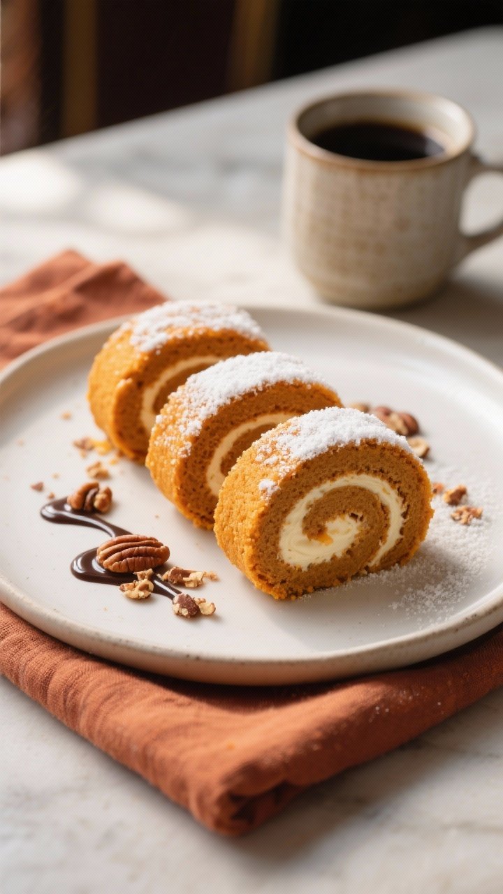 Final dish presentation: Beautifully plated keto pumpkin roll cake slices showing tight, neat swirls
