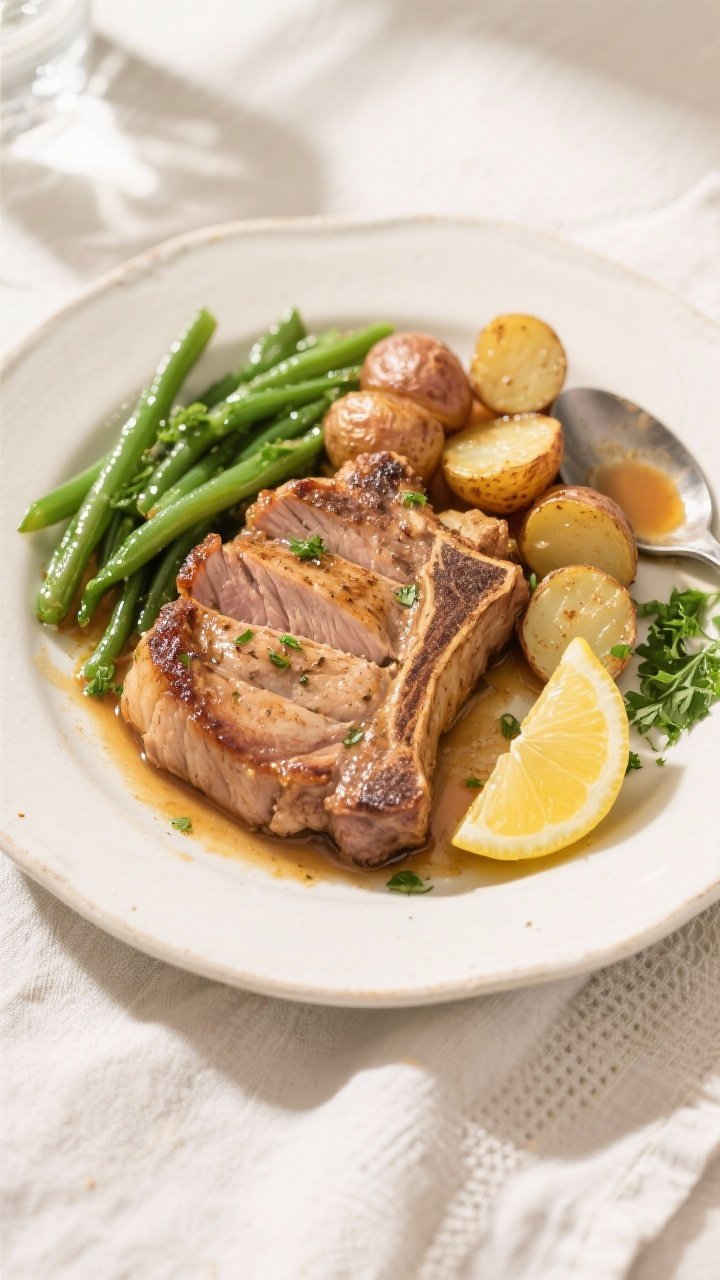 Final dish presentation: Beautifully plated One-Pan Ranch Pork Chops—single chop sliced to show ju