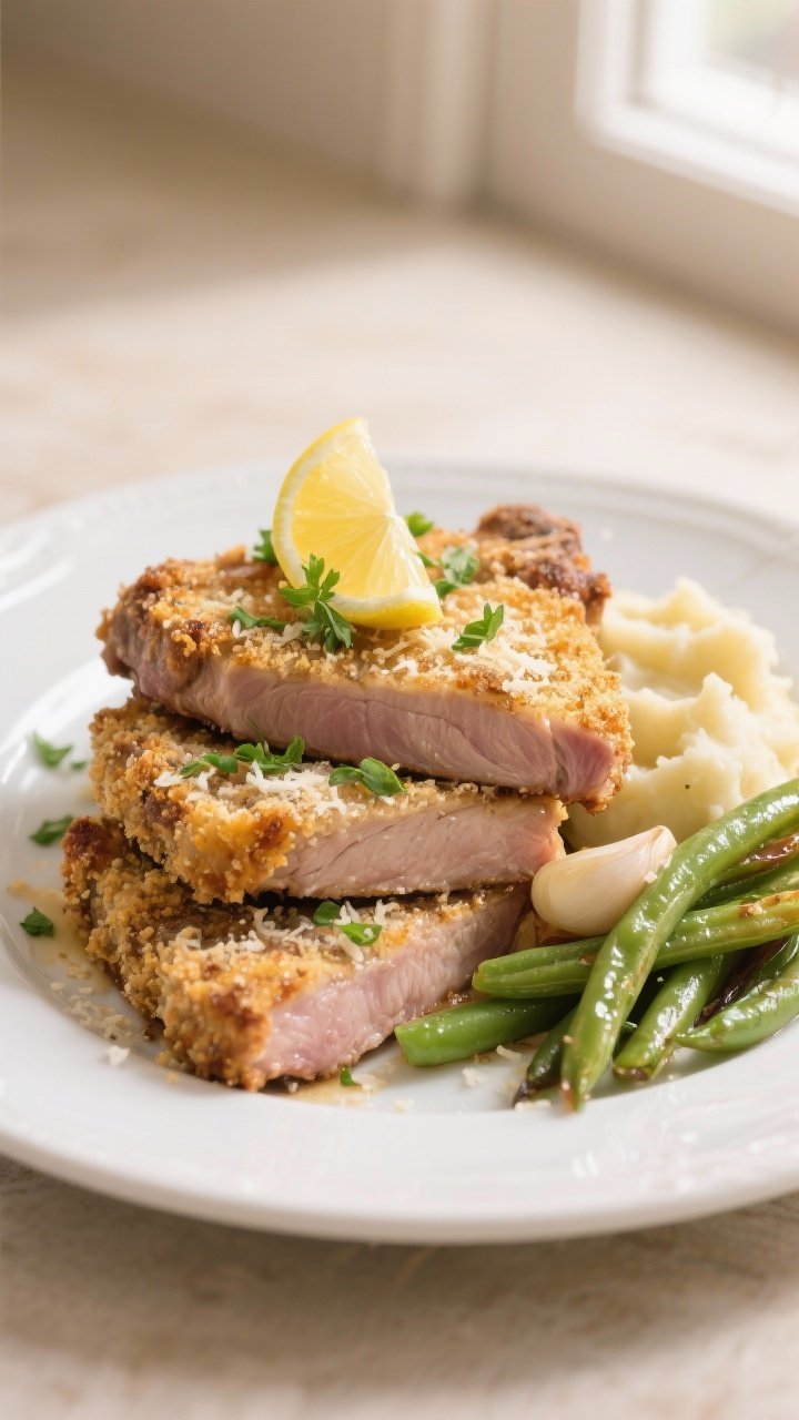 Final dish presentation: Beautifully plated Parmesan crusted pork chops stacked slightly overlapping