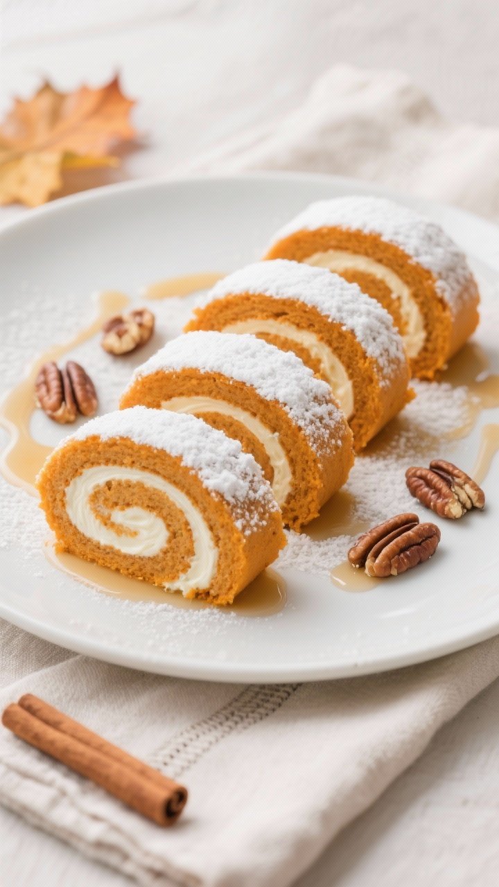 Final dish presentation: Beautifully plated pumpkin roll cake slices arranged slightly overlapped on
