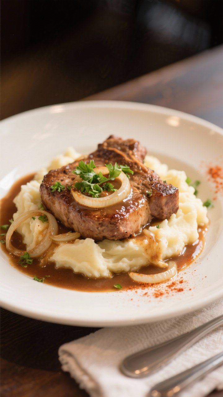 Final dish presentation: Beautifully plated smothered pork chops with onion gravy over creamy mashed