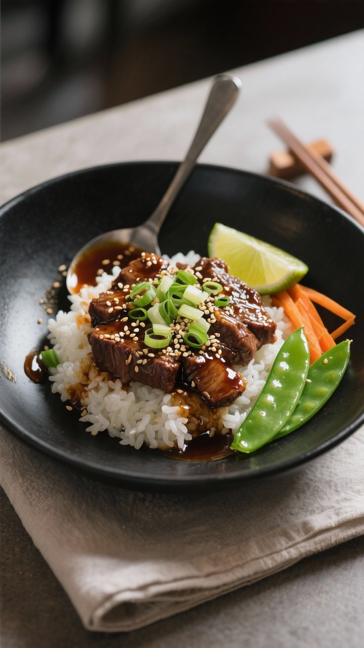 Final dish presentation: Beautifully plated teriyaki beef over a bed of fluffy white rice in a wide 