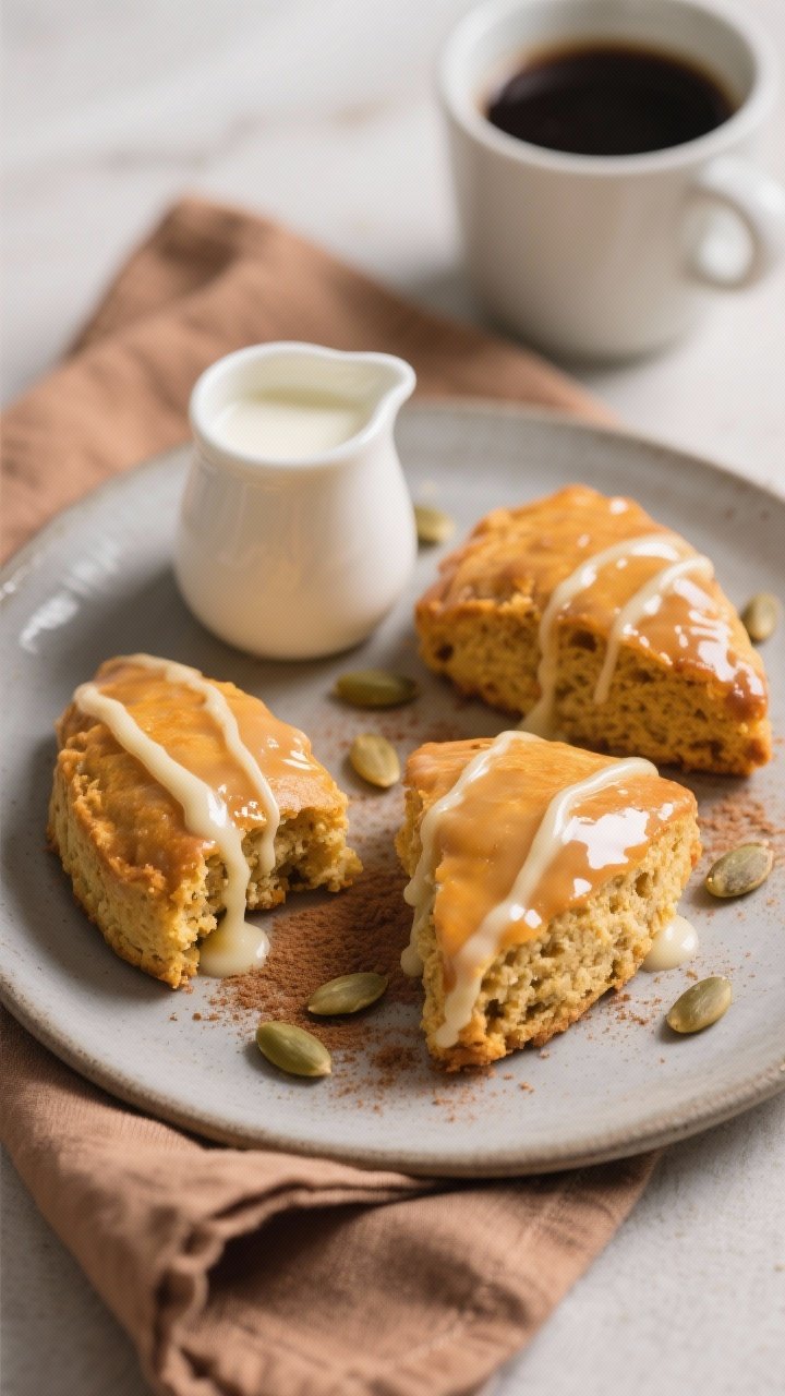 Final dish presentation: Beautifully plated trio of glazed pumpkin scones on a matte stoneware plate