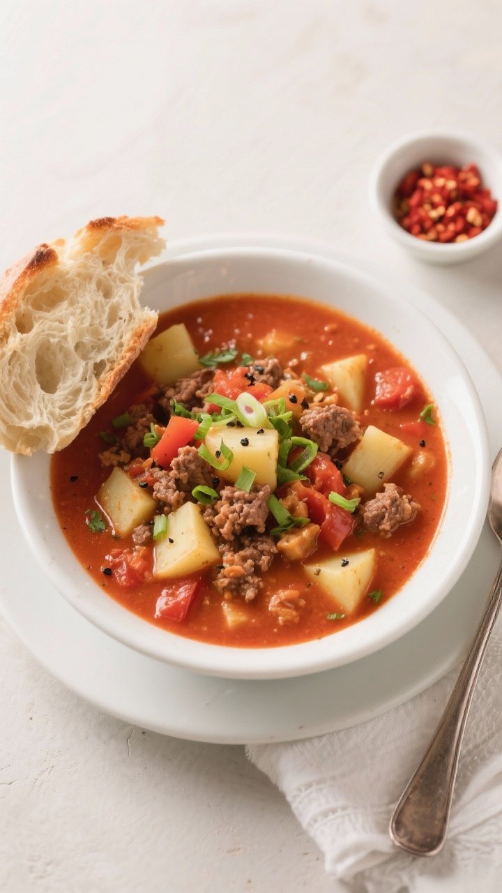 Final dish presentation, beauty shot: A wide, shallow white bowl filled with the finished tomato-bas