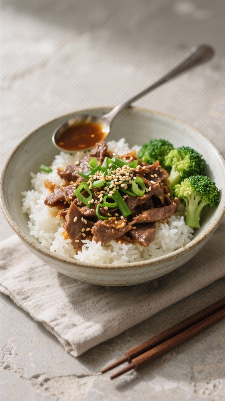 Final dish presentation: Bowl of Korean-style shredded beef over fluffy steamed jasmine rice, sauce 