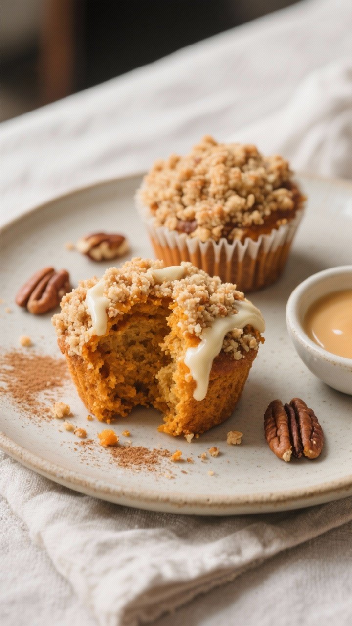 Final dish presentation: Café-style plated pumpkin streusel muffins on a neutral ceramic plate, one