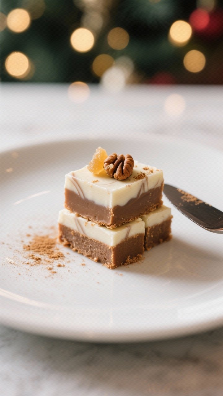 Final dish presentation, close-up: Small, clean-cut squares of gingerbread fudge stacked on a matte 