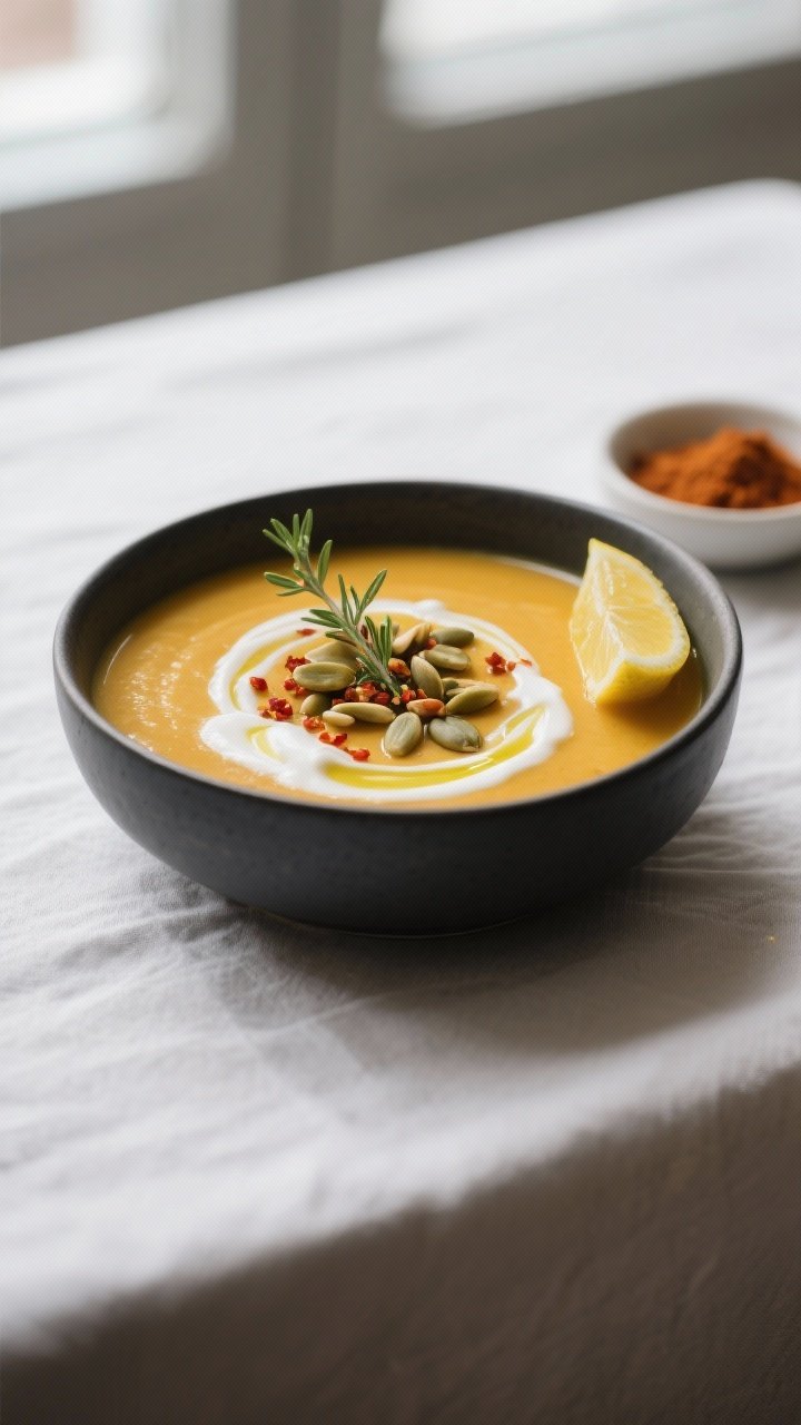 Final dish presentation: Creamy Garlic Butternut Squash Soup served in a matte charcoal bowl on a li