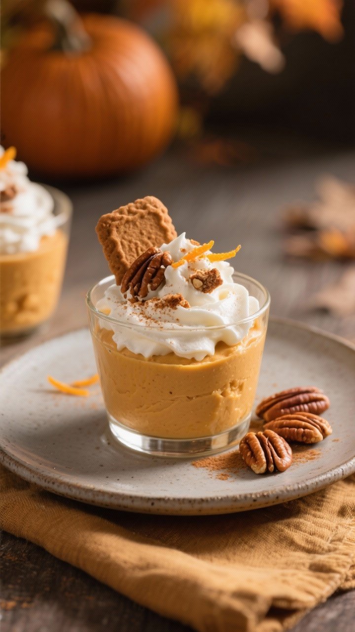 Final dish presentation: Elegantly plated Pumpkin Mousse in stemless dessert glasses, topped with a 