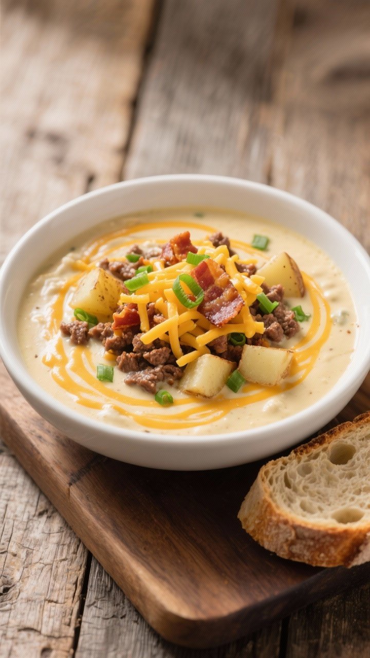 Final dish presentation – Loaded cheeseburger vibes: Beautifully plated bowl of cheesy hamburger p