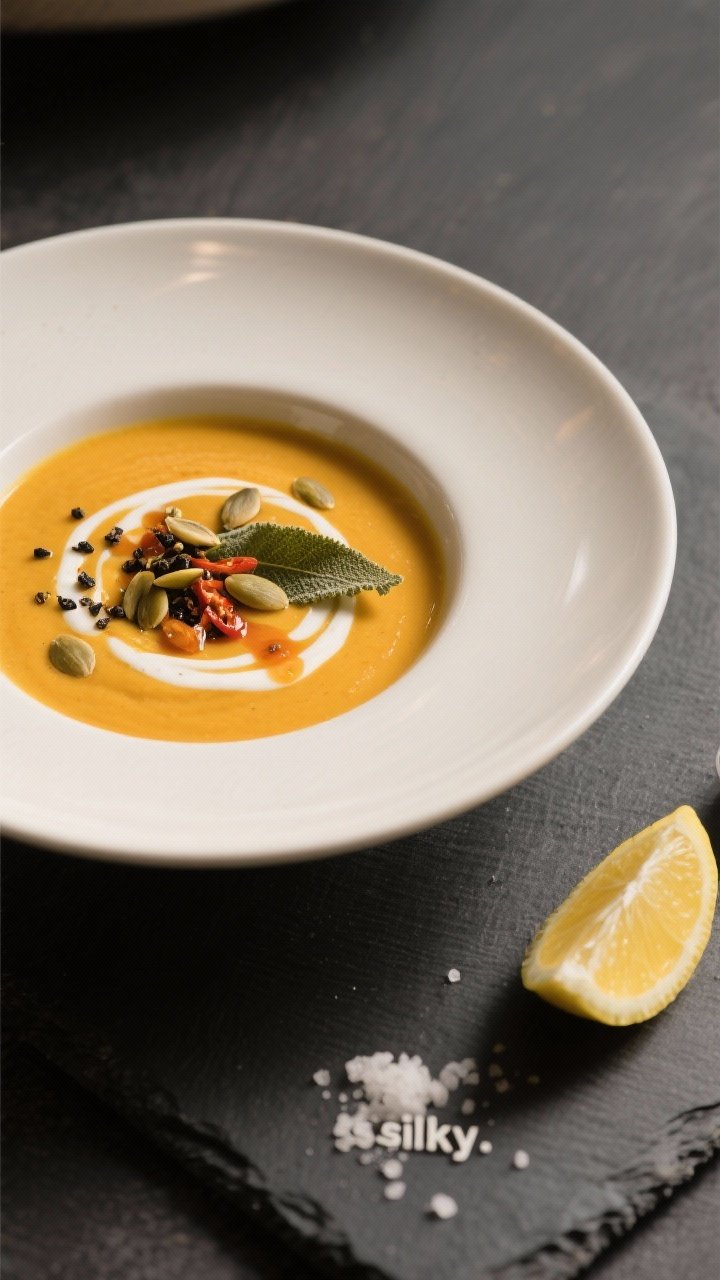 Final dish presentation: Restaurant-quality bowl of butternut squash soup finished with a swirl of c