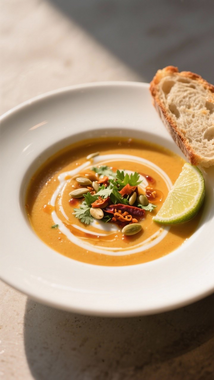 Final dish presentation: Restaurant-quality bowl of Slow Cooker Sweet Potato Soup plated in a matte 