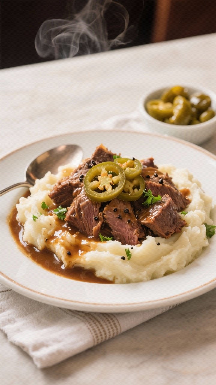 Final dish presentation: Restaurant-quality plate of Mississippi pot roast piled over creamy mashed 