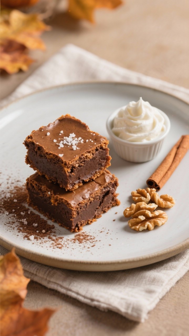 Final dish presentation: Restaurant-quality plate with two keto pumpkin brownie squares stacked slig