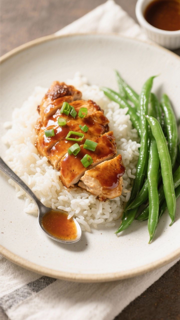 Final dish presentation: Restaurant-quality plate of maple glazed chicken served over fluffy white r