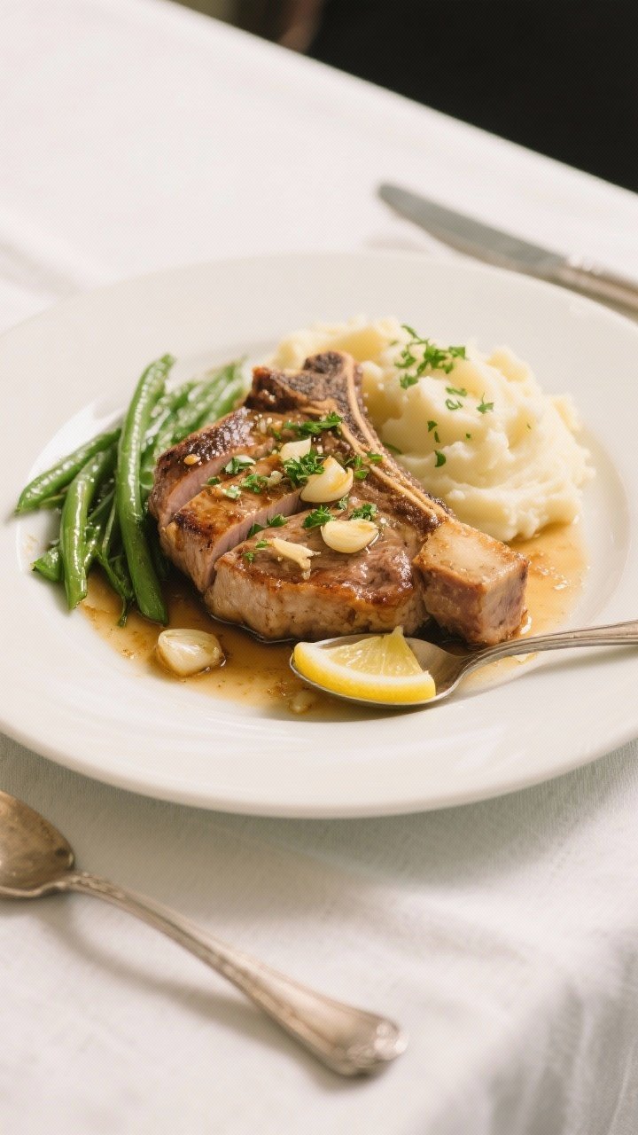 Final dish presentation: Restaurant-quality plated garlic butter pork chop on a warm white ceramic p