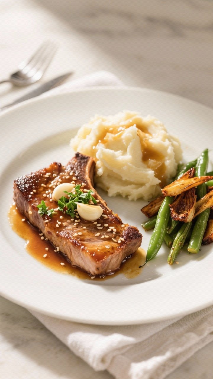Final dish presentation: Restaurant-quality plated honey garlic pork chops on a matte white dinner p