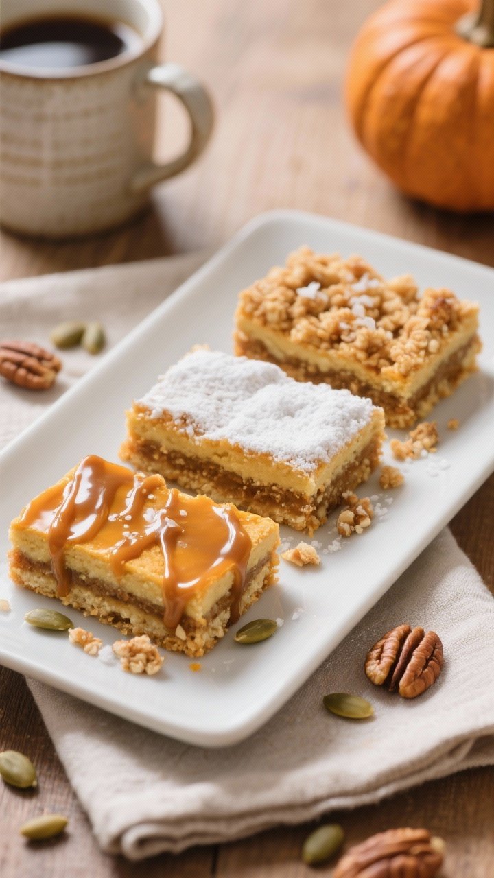 Final dish presentation: Restaurant-quality plated Pumpkin Streusel Bars, neatly sliced with ultra-c