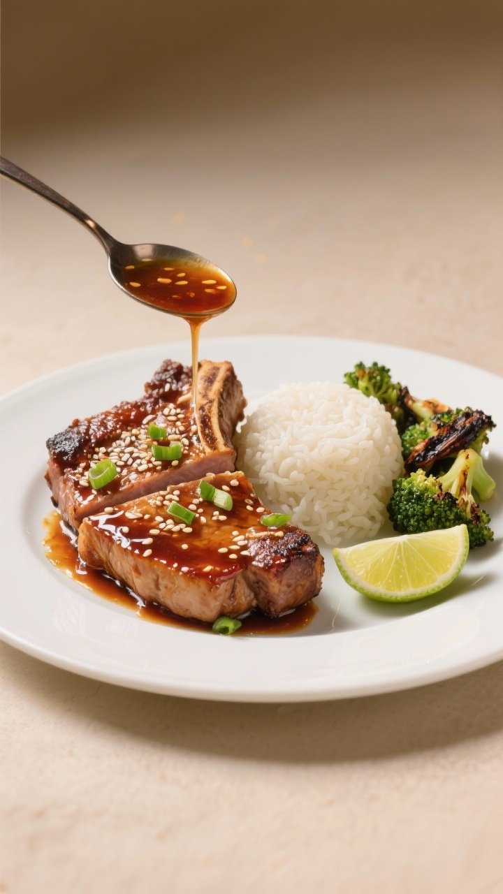 Final dish presentation: Restaurant-quality plated Sweet and Spicy Glazed Pork Chops on a wide white
