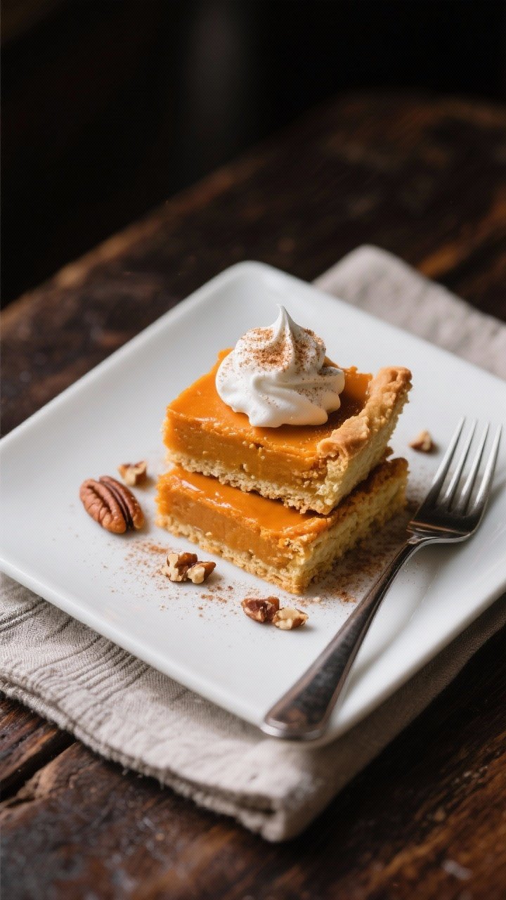 Final dish presentation: Restaurant-quality plated Keto Pumpkin Pie Bars—two neat bars stacked sli