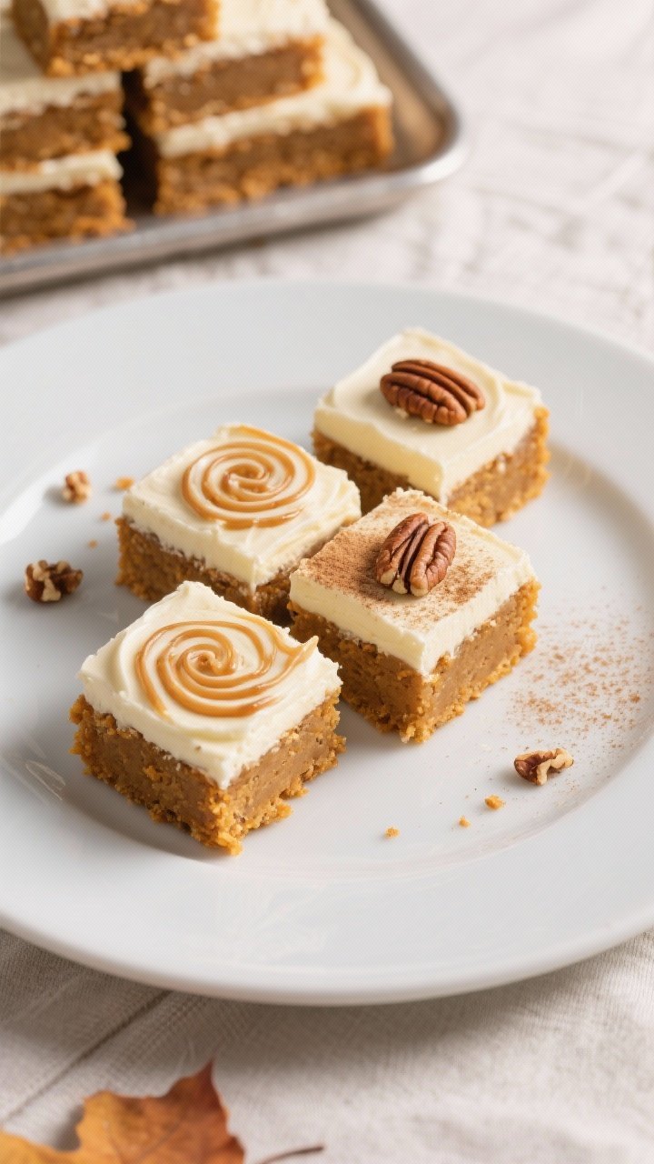 Final dish presentation: Restaurant-quality plated pumpkin bars cut into neat squares with ultra-smo