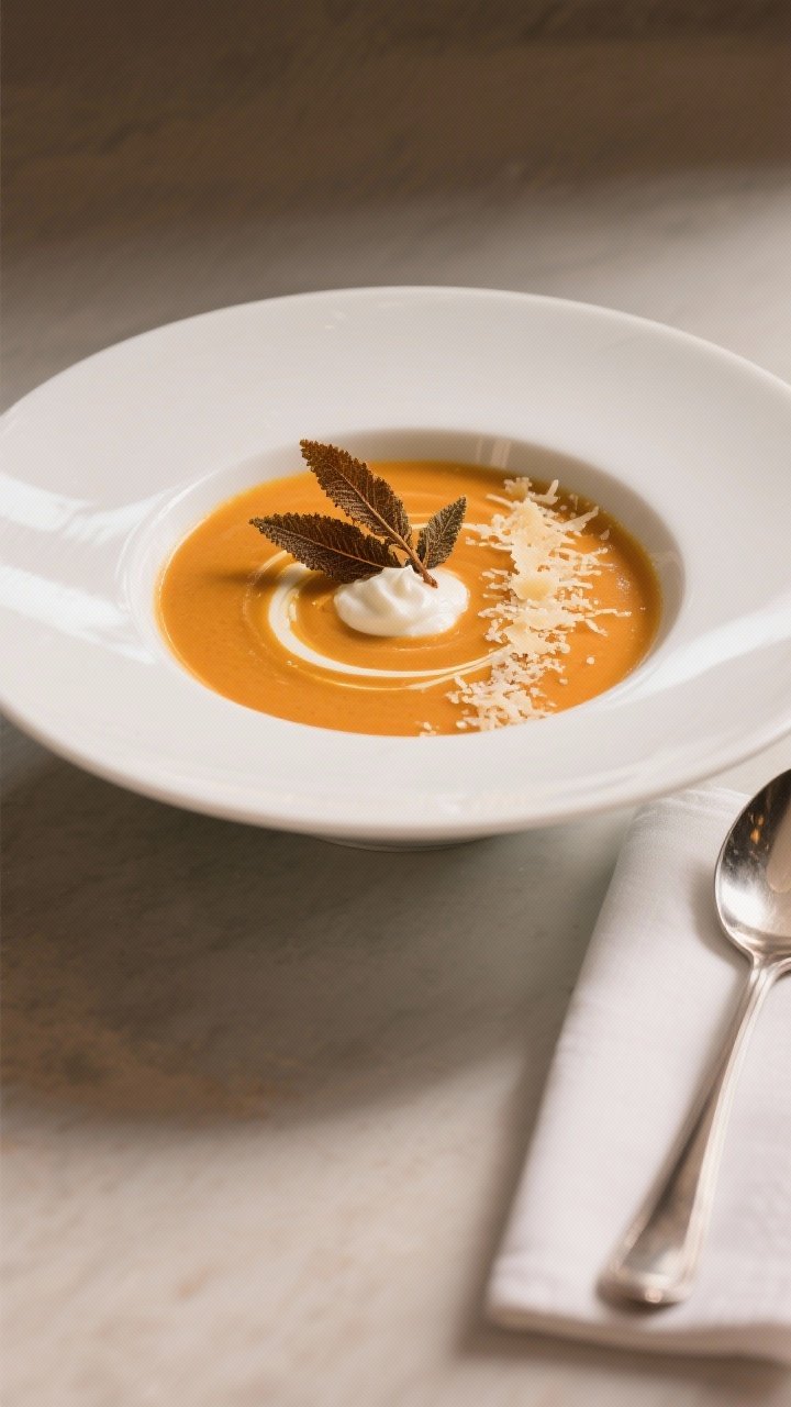 Final dish presentation: Restaurant-quality plating of the soup in a wide, white coupe bowl with a s