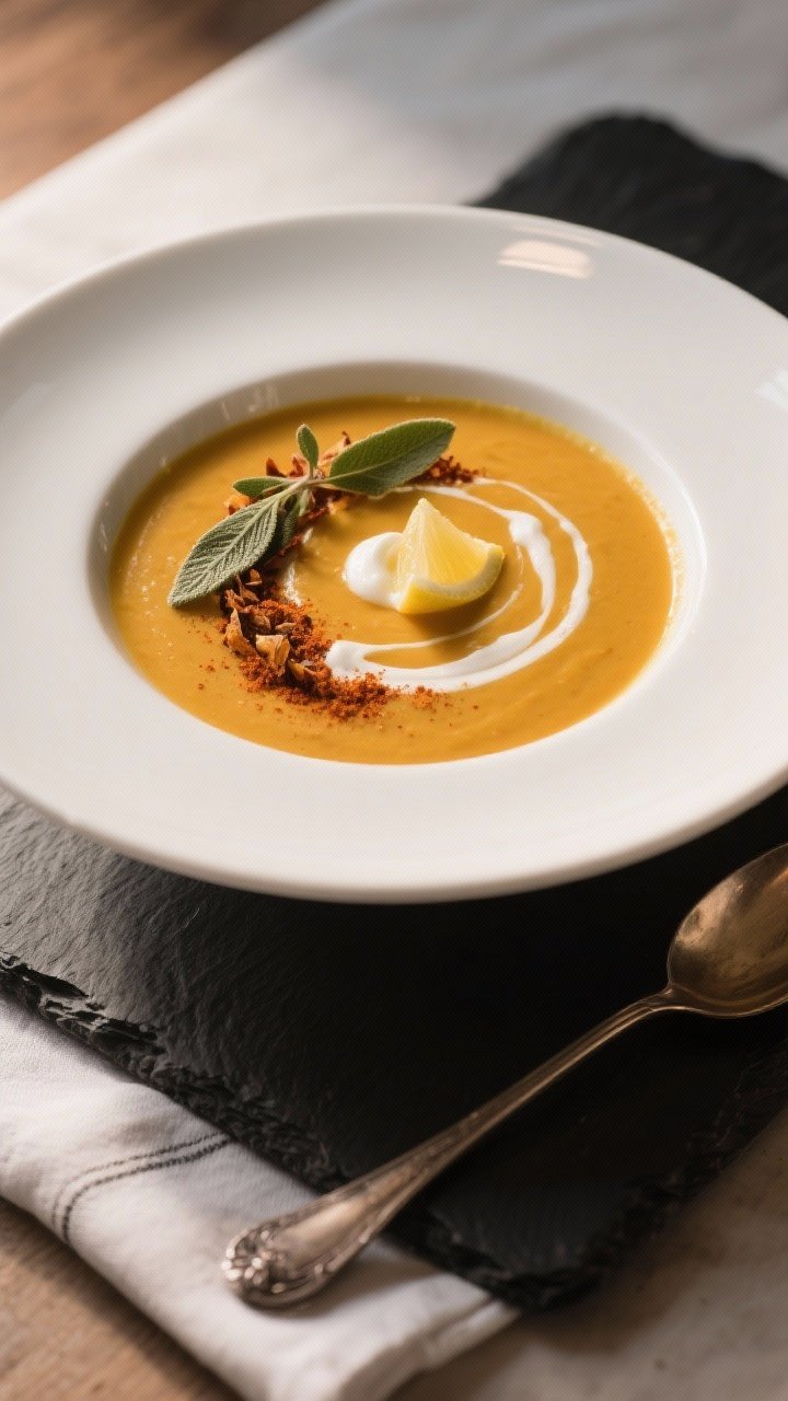 Final dish presentation: Restaurant-quality plating of Spiced Pumpkin Soup in a wide, white coupe bo