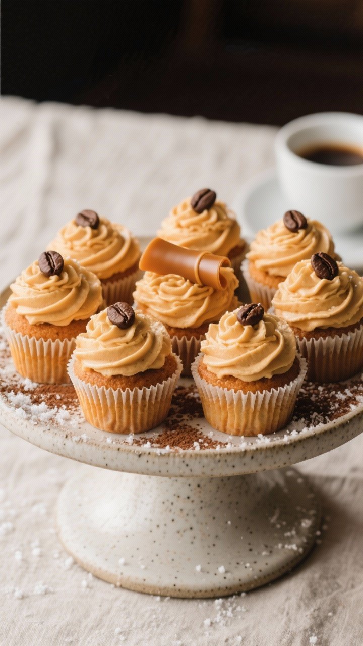 Final dish presentation: Restaurant-quality platter of Pumpkin Spice Latte cupcakes arranged on a st