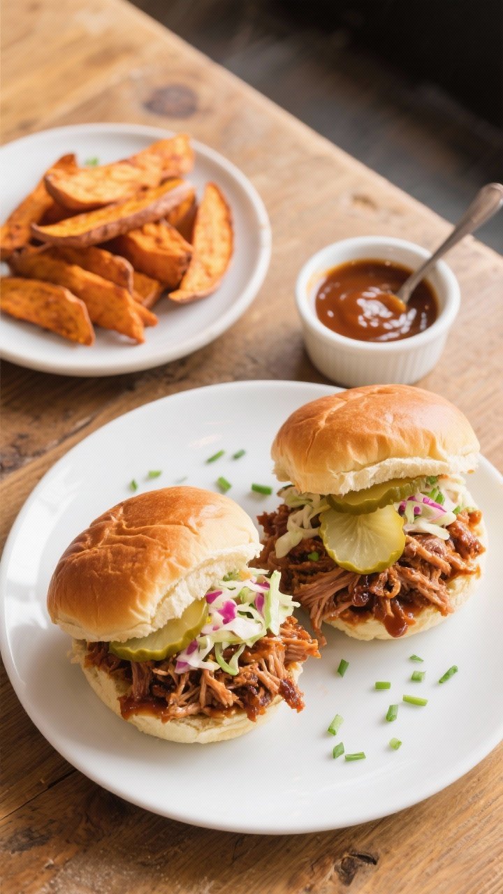 Final dish presentation: Restaurant-quality pulled pork sandwiches on toasted brioche buns, generous