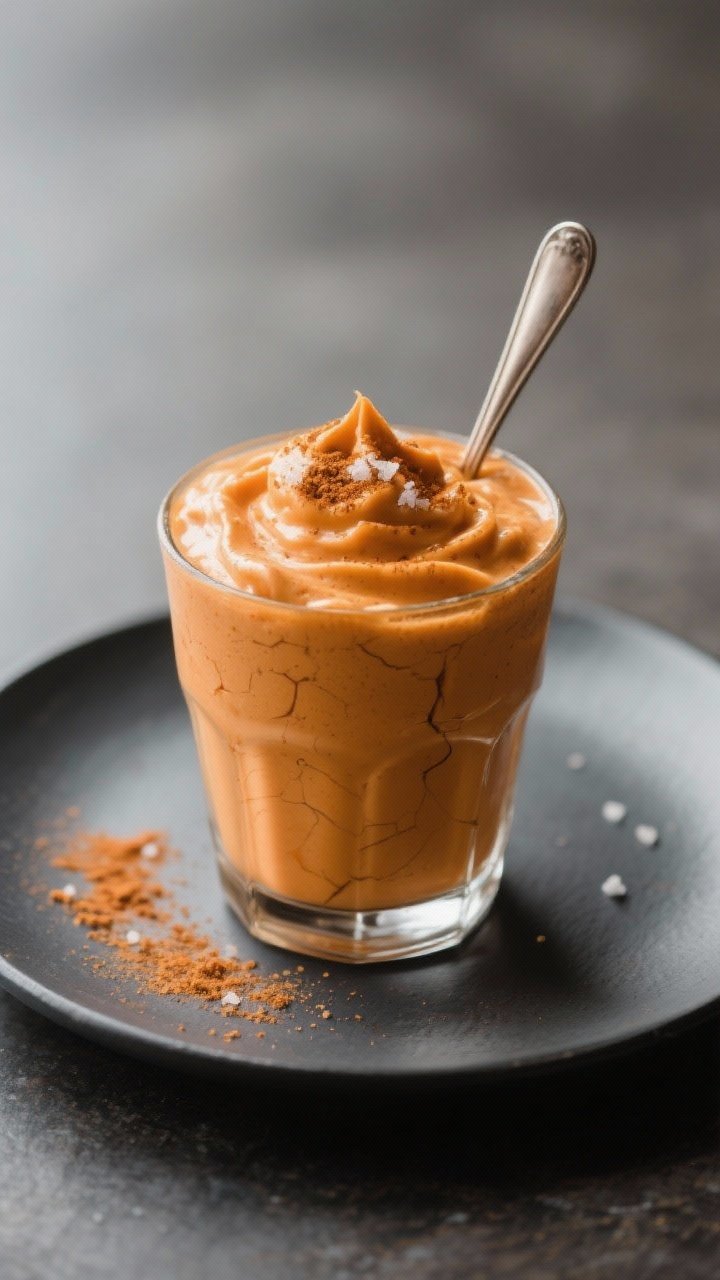 Final dish presentation: Restaurant-quality scene of the Keto Pumpkin Pie Milkshake served extra-thi