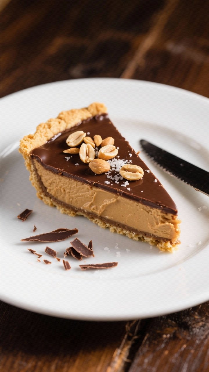 Final dish presentation: Restaurant-quality slice of Keto Chocolate Peanut Butter Pie plated on a wh