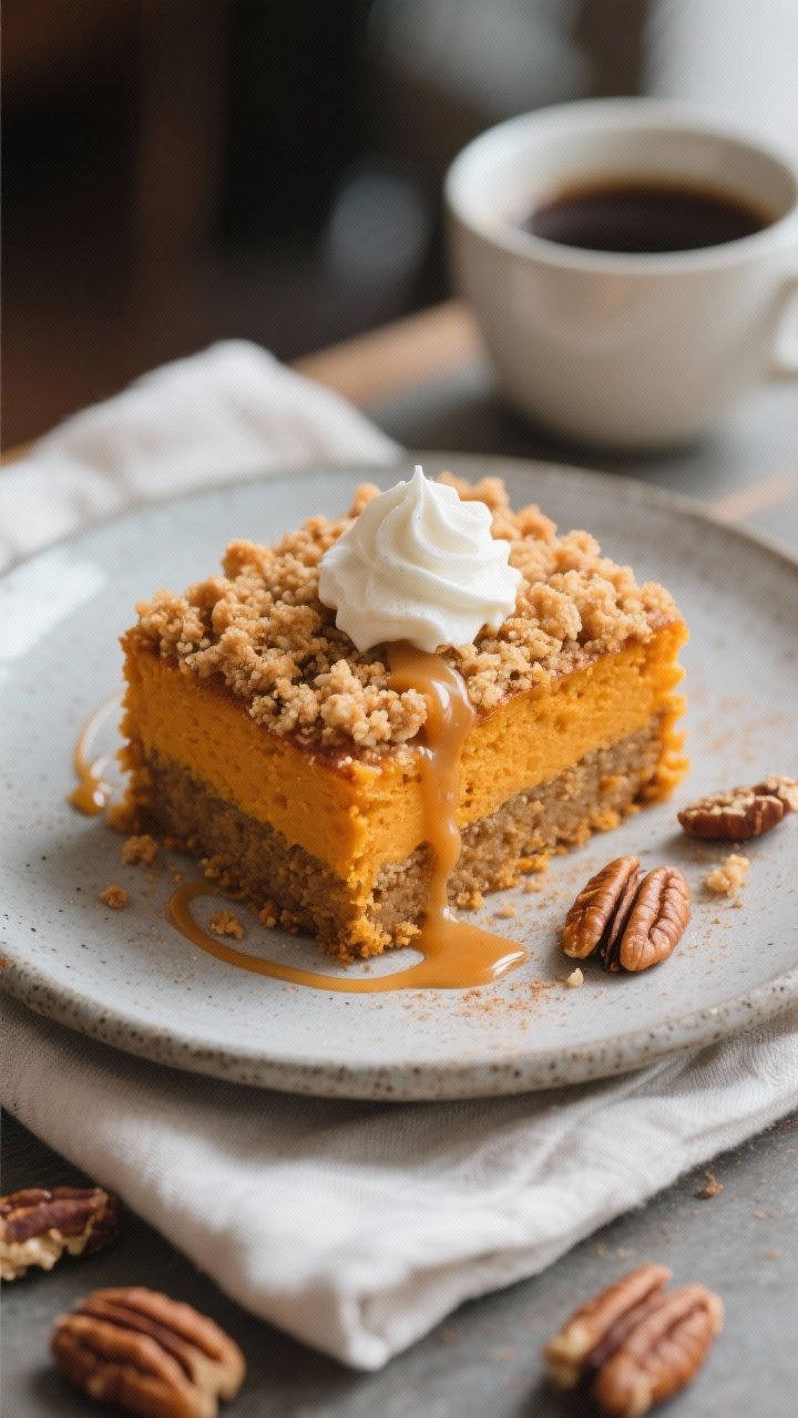 Final dish presentation: Restaurant-quality slice of pumpkin crumb cake plated on a matte stoneware 