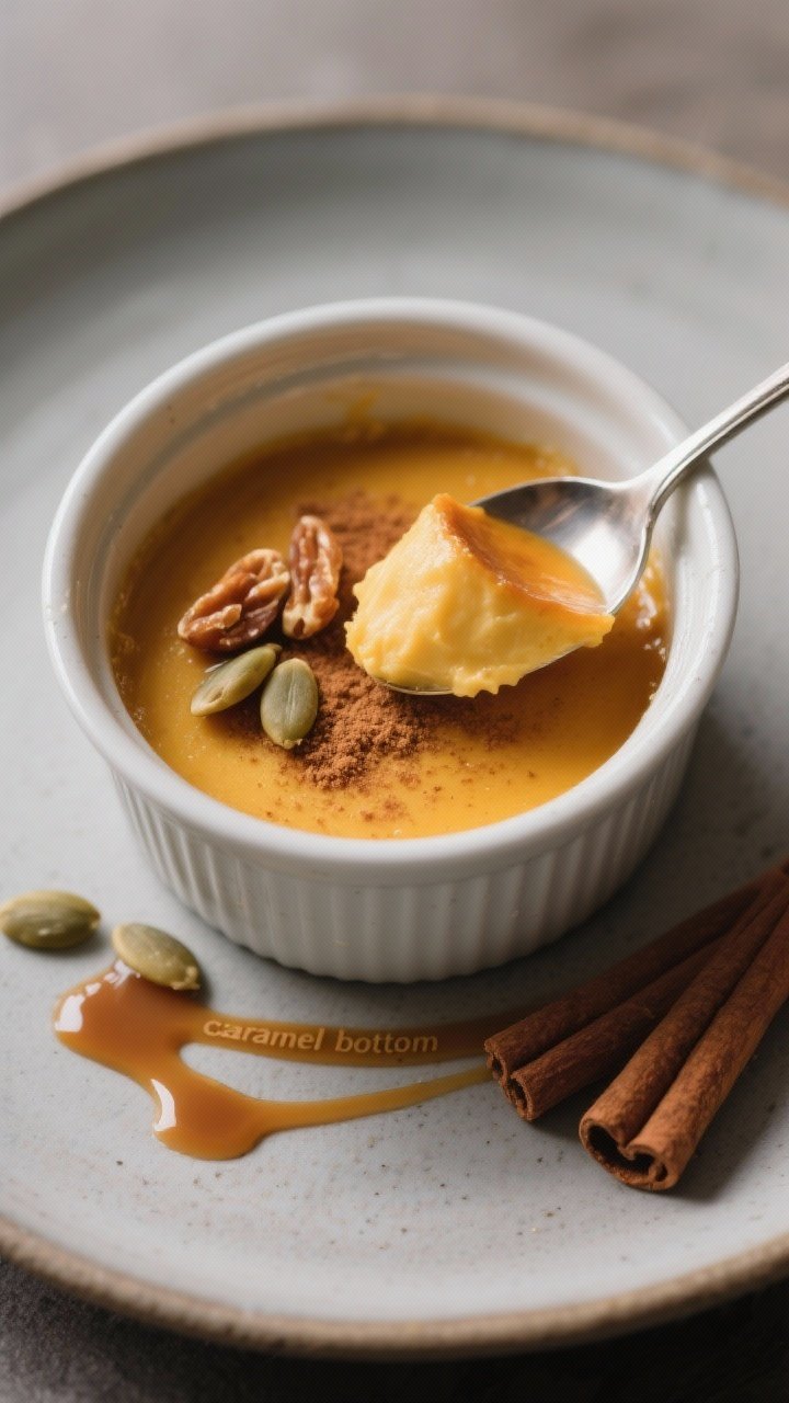 Final dish presentation: Single plated pumpkin custard unmolded onto a matte ceramic plate (or serve