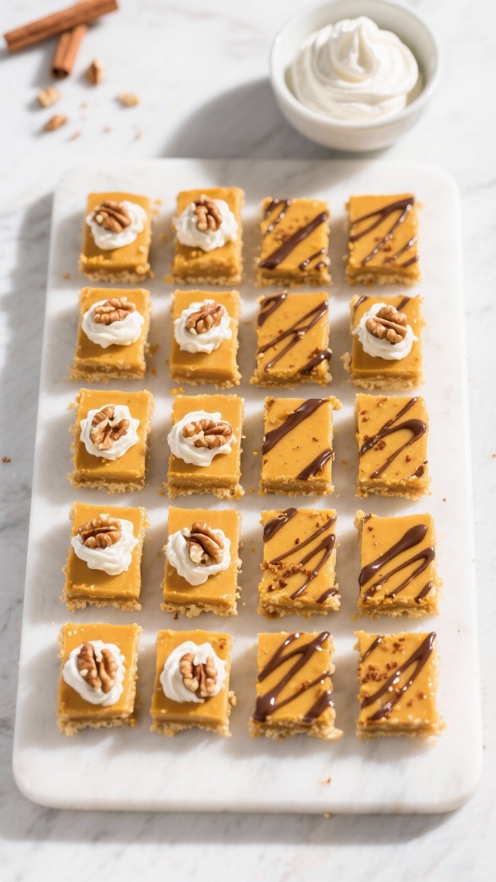 Final dish presentation: Tasty of a neatly arranged grid of pumpkin pie bars (16 pieces) on a white 