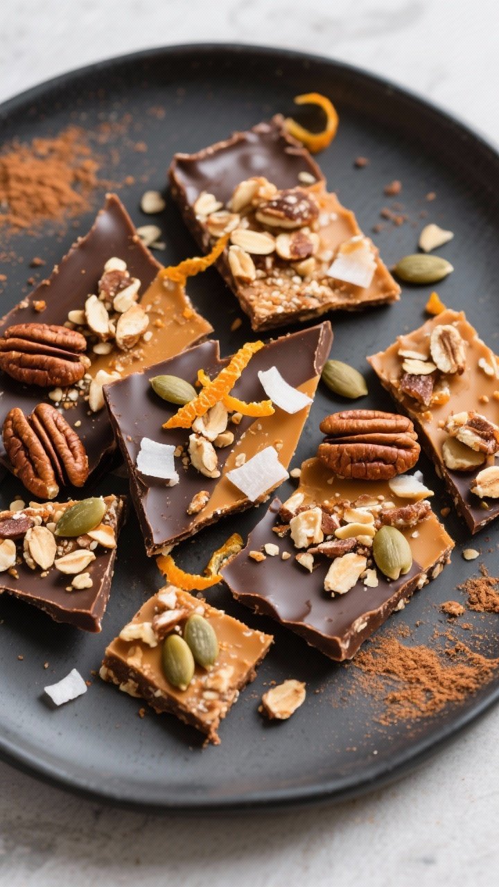 Final dish presentation: Tasty top-down platter of broken Keto Pumpkin Spice Bark arranged in overla