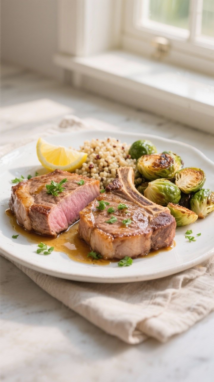 Final dish presentation: Two bone-in air fryer pork chops plated on a white ceramic plate, sliced to