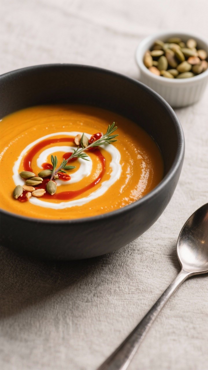 Final dish, restaurant-quality presentation: Velvety Butternut Squash and Sweet Potato Soup ladled i