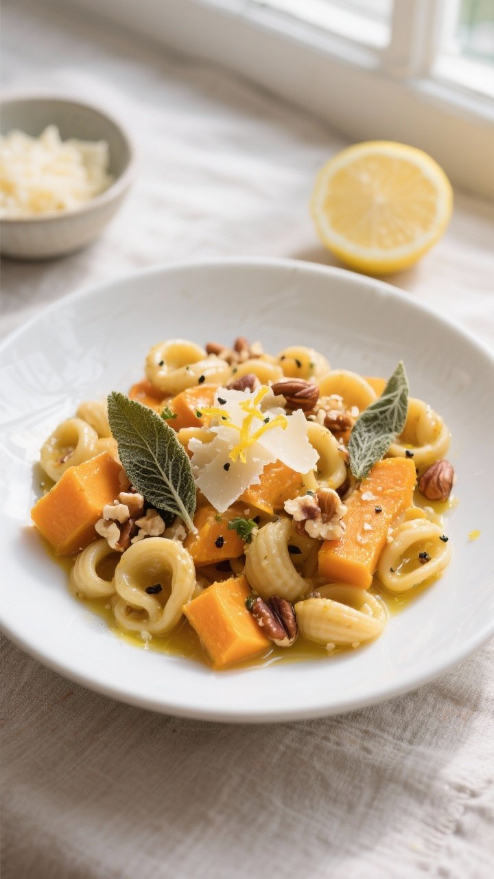Final dish, tasty top view: Overhead shot of Butternut Squash and Sage Pasta plated in a wide, shall