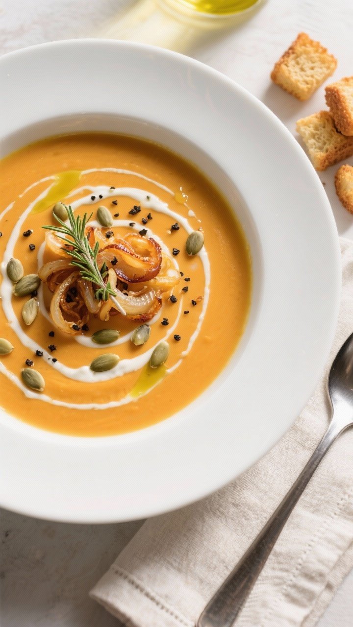 Final dish, tasty top view: Overhead shot of Pumpkin Soup with Caramelized Onions and Thyme served i