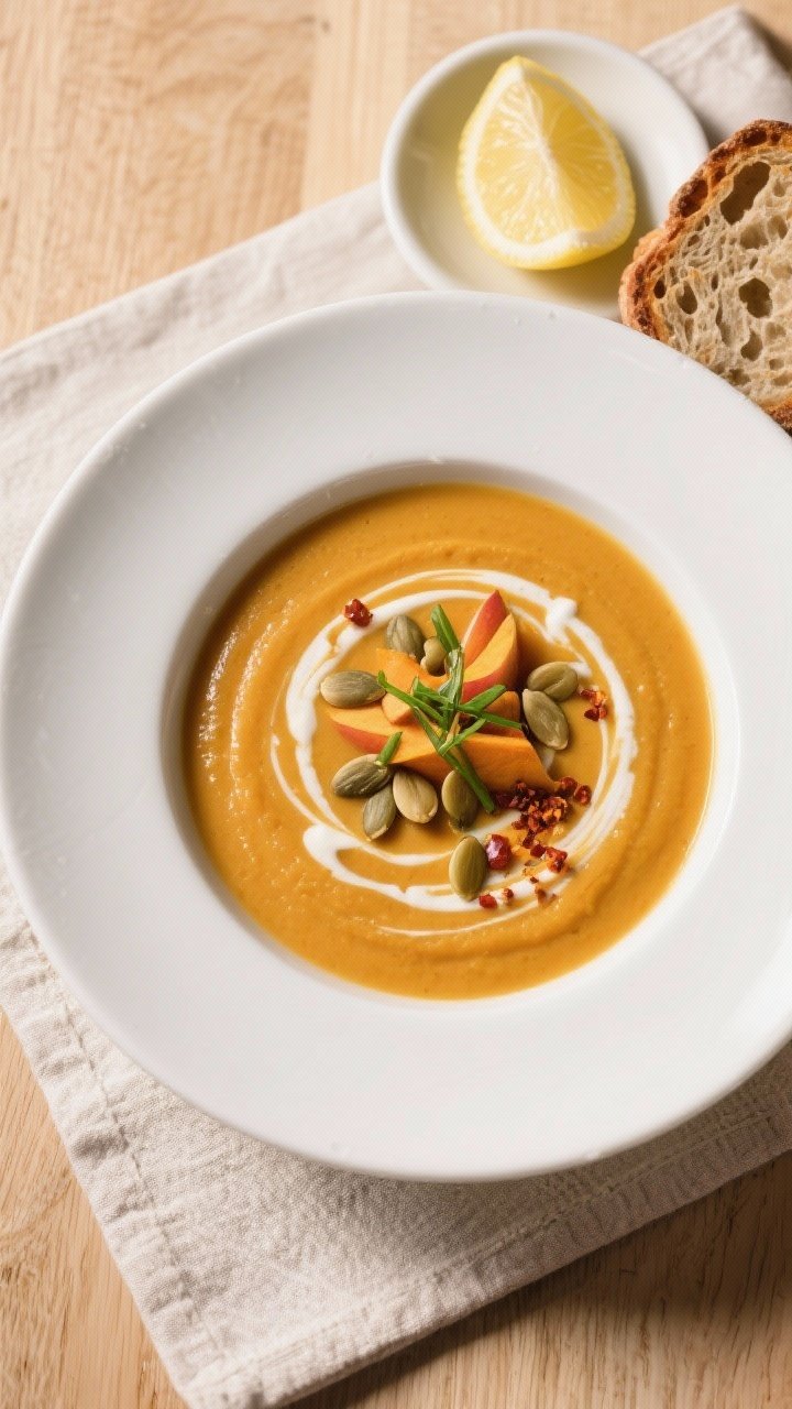 Final dish top view — Overhead shot of beautifully plated Sweet Potato and Apple Soup in a wide, s