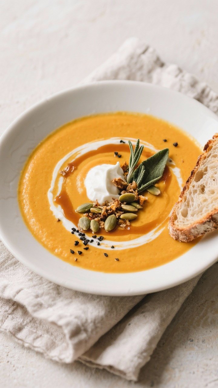 Final dish top view: Overhead shot of Sage and Brown Butter Butternut Squash Soup in a matte white b