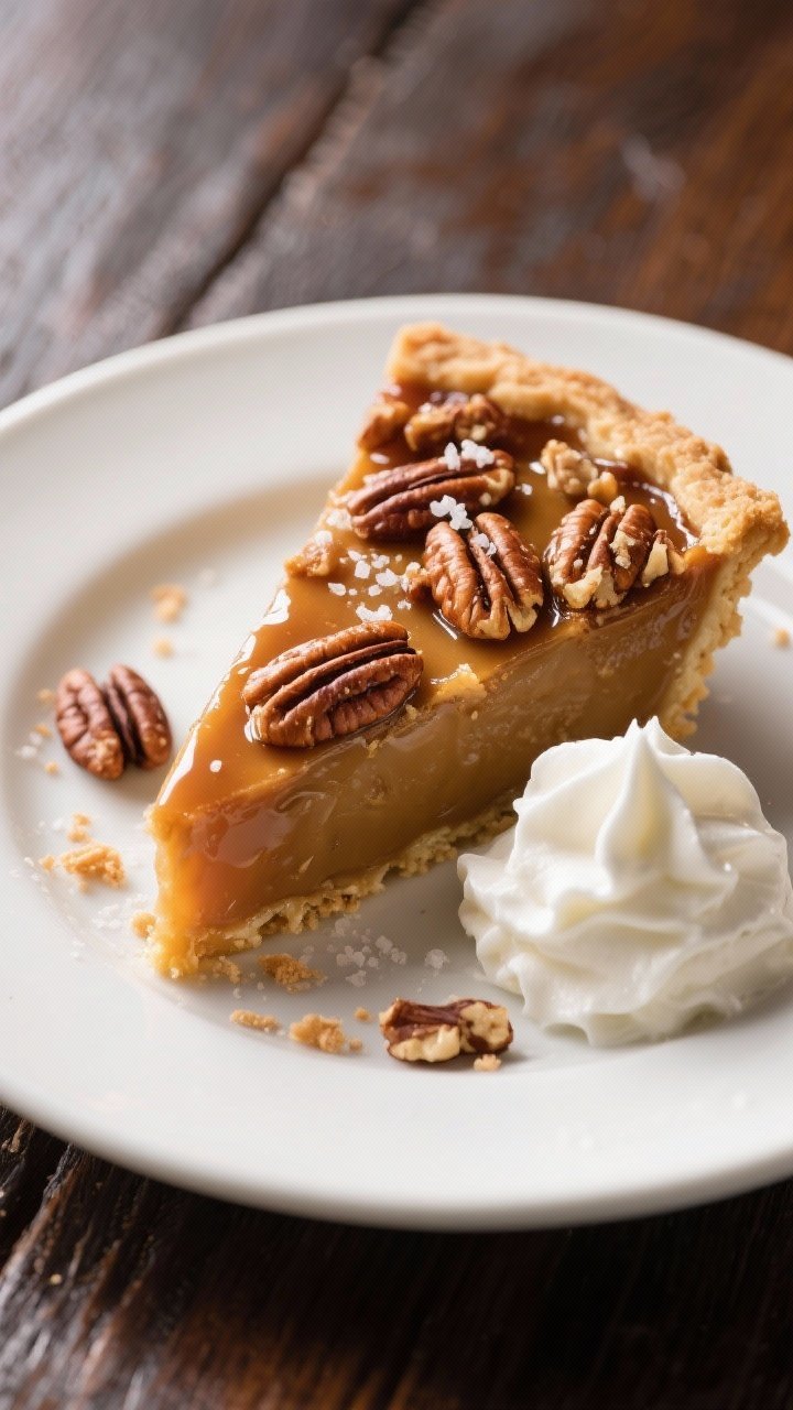 Final plated beauty: Keto pecan pie slice with glossy, set custard and deeply toasted pecan mosaic o