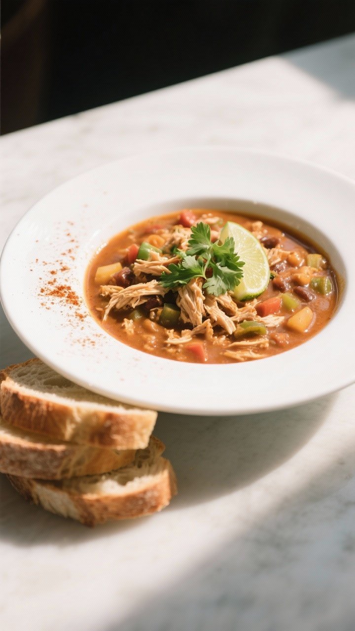 Final plated beauty: Restaurant-quality presentation of Buffalo Chicken Chili in a wide, white shall