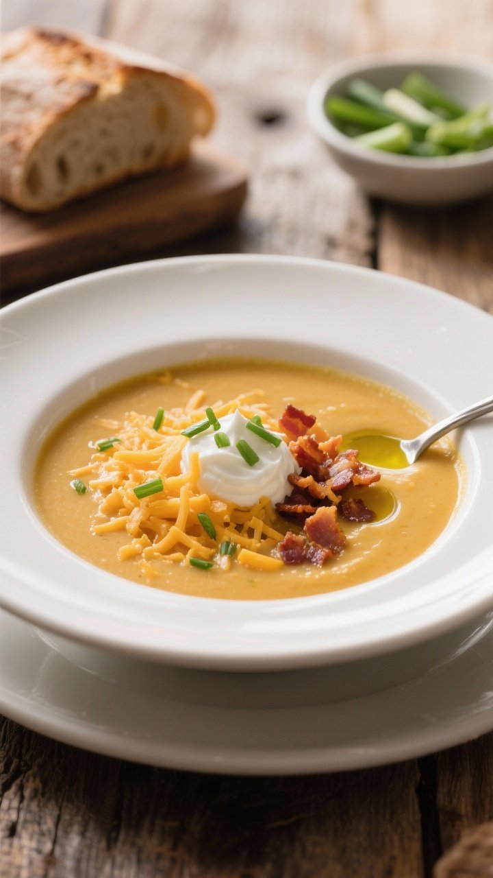 Final plated beauty shot: Cheesy Sweet Potato Soup ladled into a wide, white ceramic bowl, topped wi