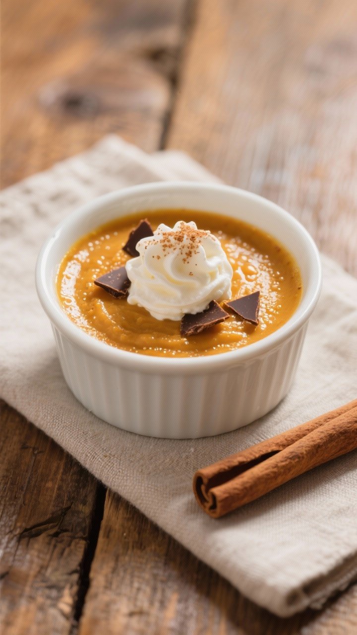 Final plated, beauty shot: Single serving of keto pumpkin pudding in a low, white ceramic coupe, spo