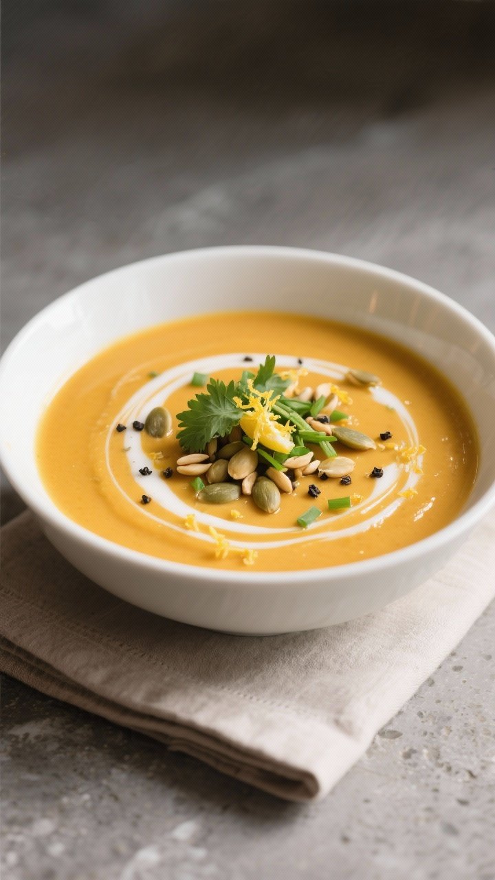 Final plated bowl, restaurant-quality: Silky Detox Pumpkin Soup ladled into a wide, shallow white bo