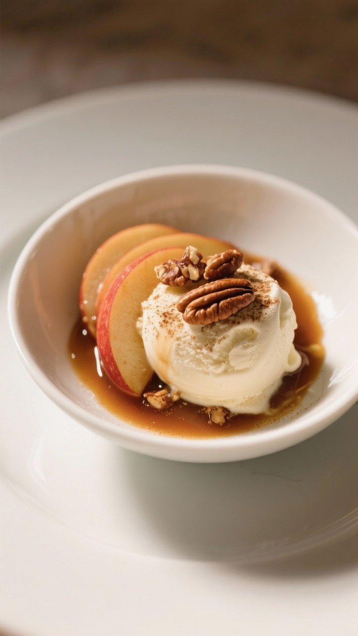 Final plated dessert: Beautifully plated cinnamon apples over a scoop of vanilla ice cream in a shal