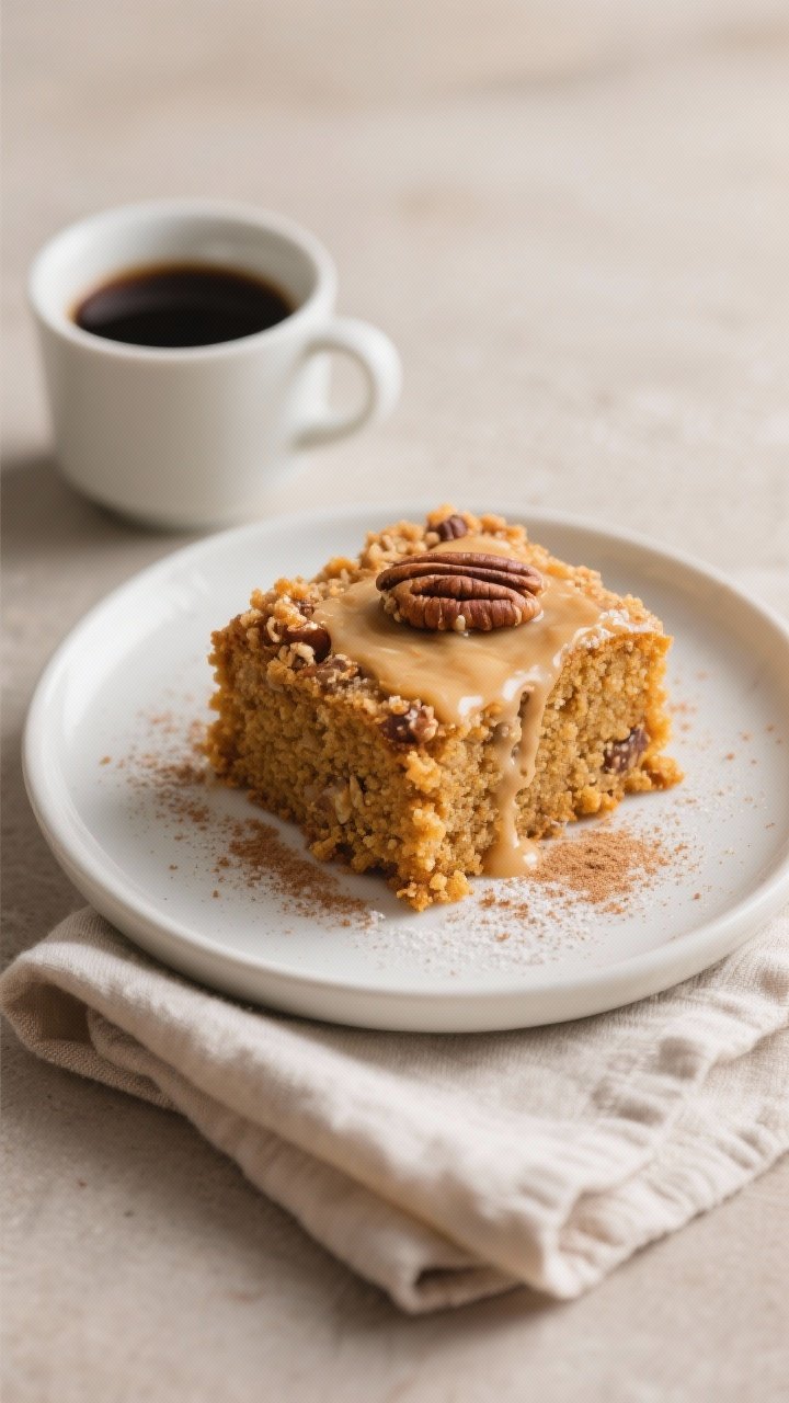 Final plated dish: Bakery-style square of keto pumpkin crumb cake on a matte white dessert plate wit